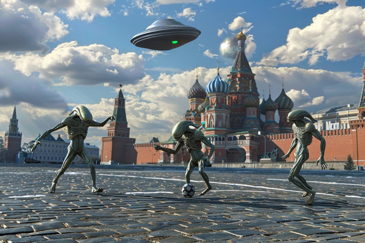 Aliens play football on a deserted Red Square in Moscow, with a flying saucer in the background, humor, dynamic, photorealism