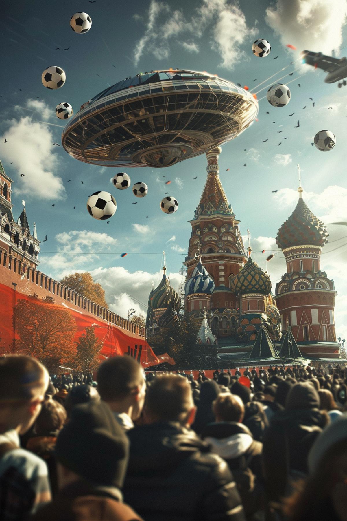 A flying saucer drops soccer balls on red square on peoples heads, humor, photorealism, epic, dynamic