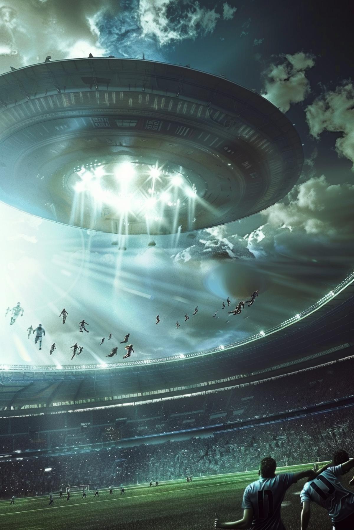 UFO abducts Russian football players from the stadium, humor, photorealism, dynamic