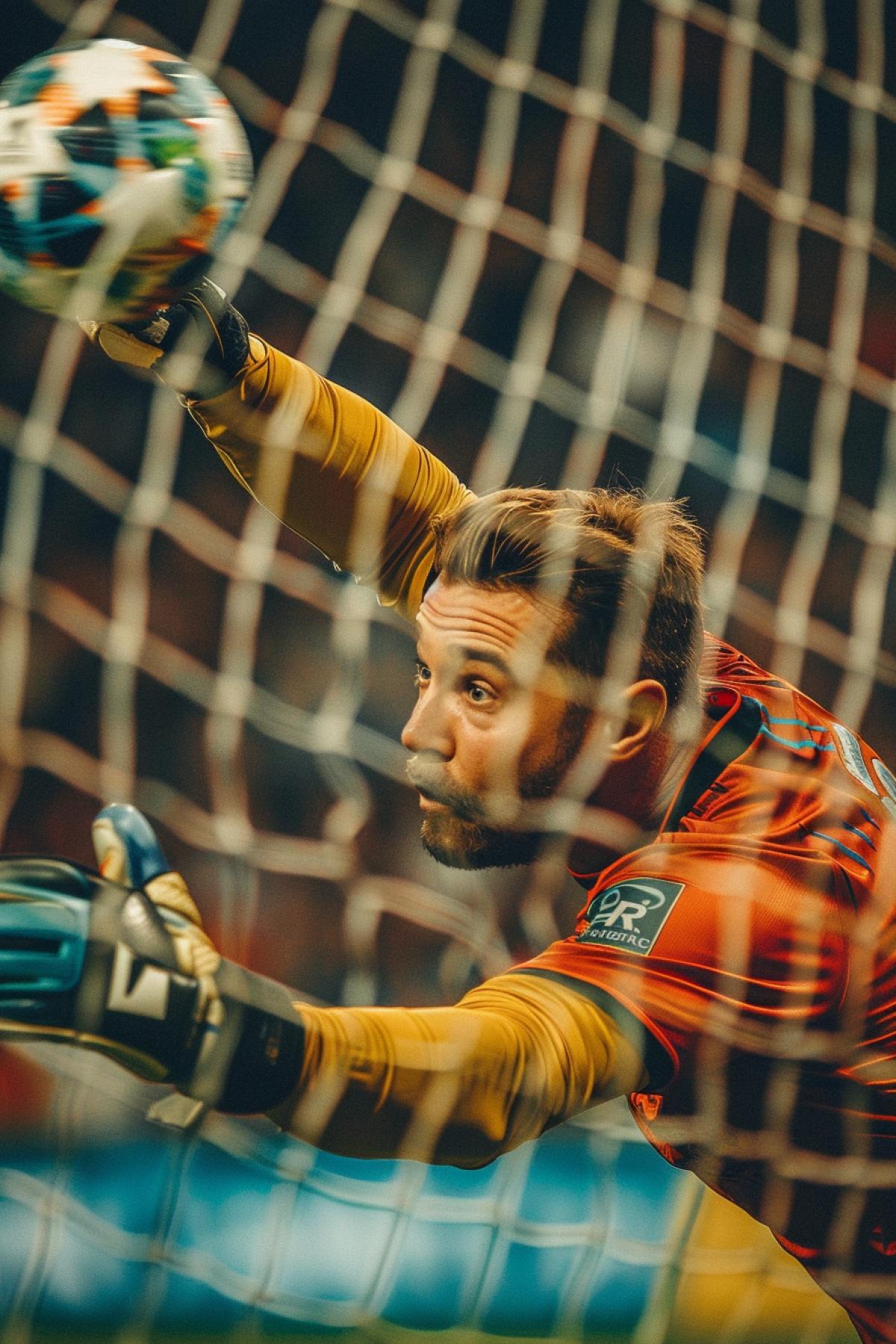 Goal keeper catches impossible penalty strike in unbelievable jump passion rush epic jump professional light sporting professional stop-frame photoshot shocked players and soccer fans on tribunes sweat drops