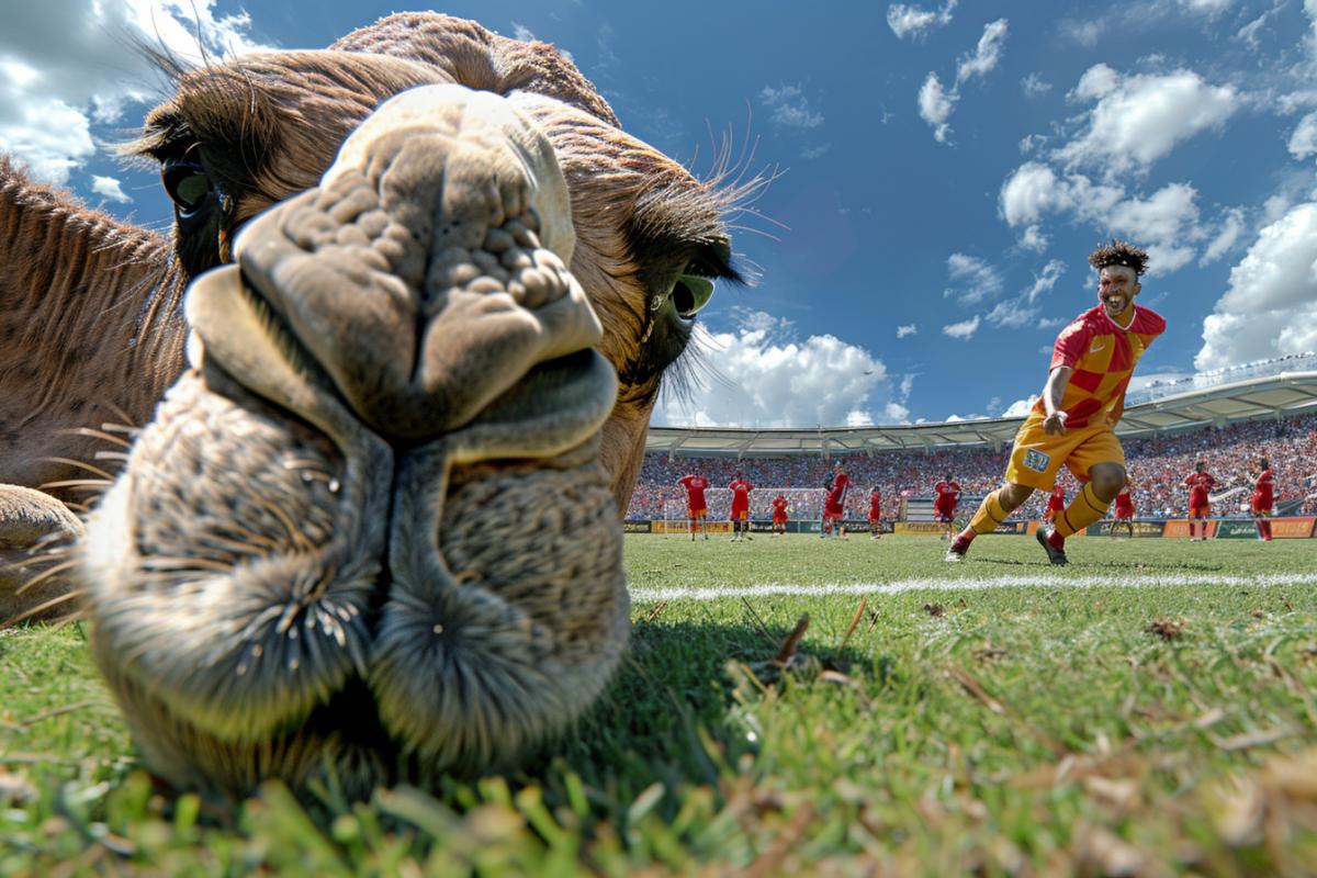 A camel ran onto the field during a football match and interferes with the players, humor, dynamic, photorealism
