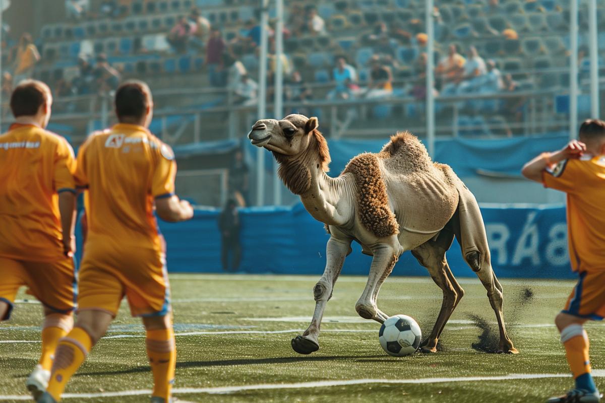A camel ran onto the field during a football match and interferes with the players, humor, dynamic, photorealism