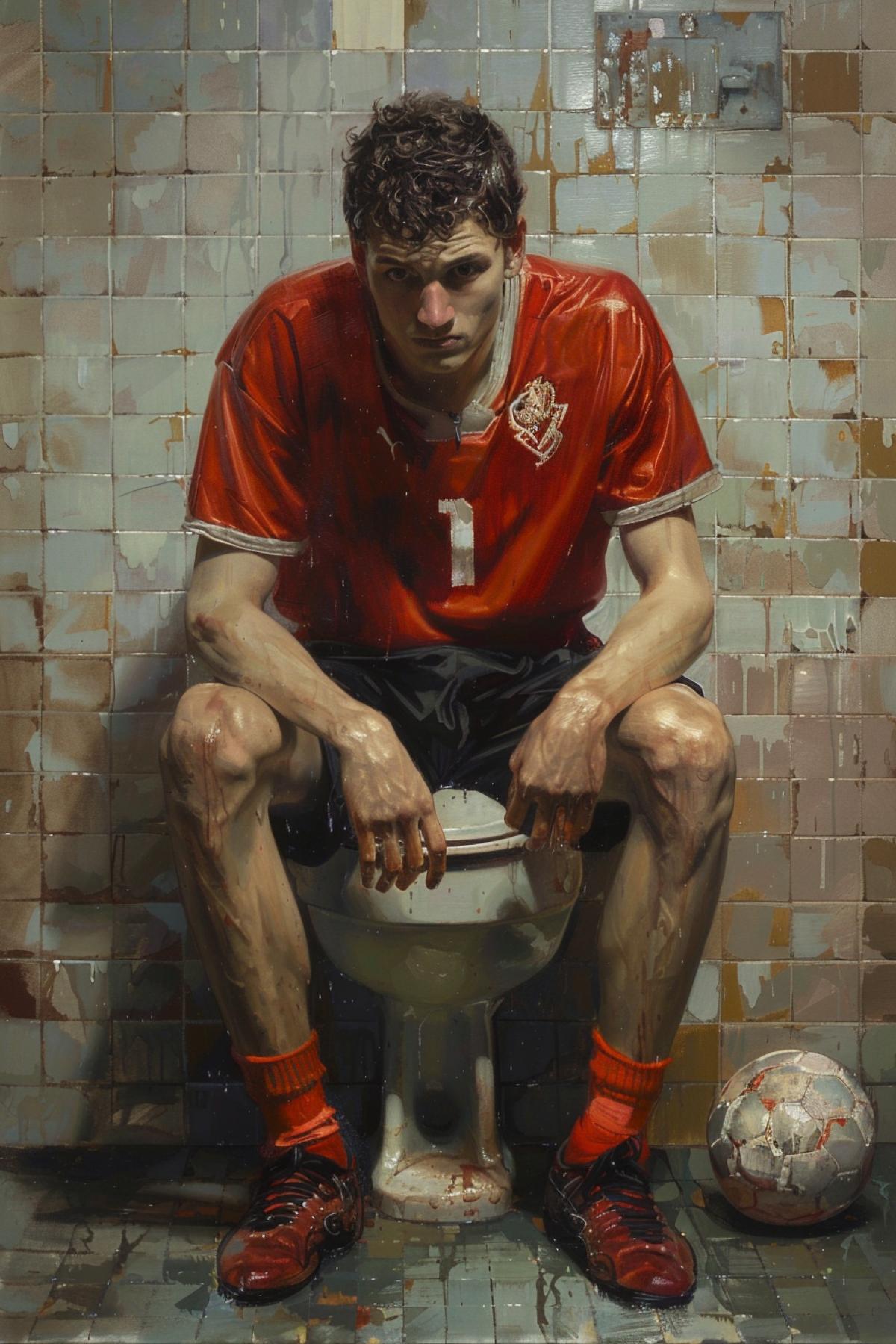 Russian goalkeeper sits on toilet during a football match, photorealism