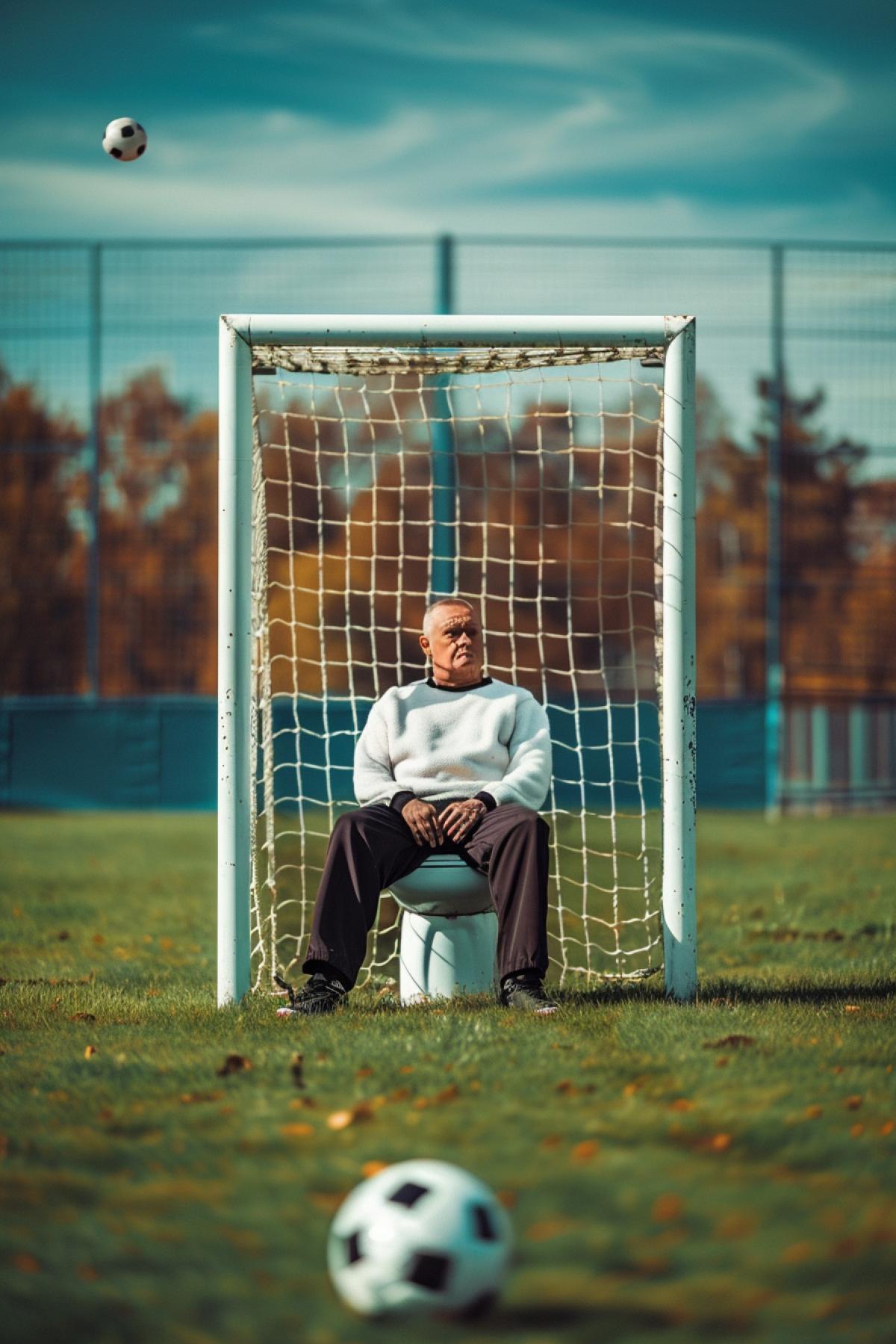 Russian goalkeeper sits on toilet on a football field during a football match, the ball flies at him, humor, photorealism