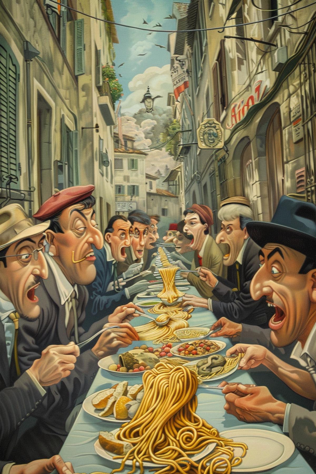 spaghetti eating competition, street, Albert Uderzo, Annie Ovenden