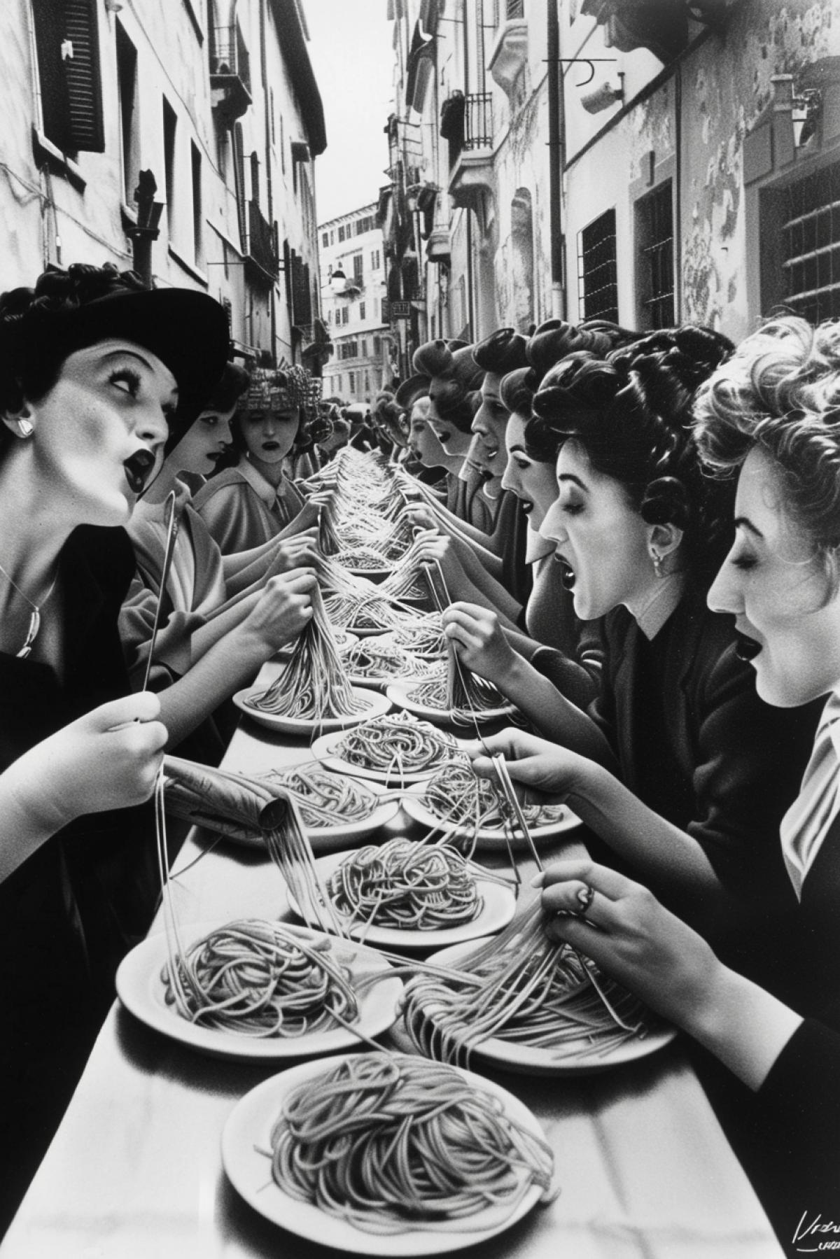 spaghetti eating competition, street, Albert Uderzo, Annie Ovenden