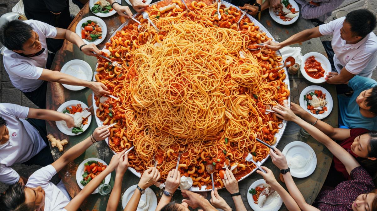 festival many people sit around a huge plate and eat spaghetti, spaghetti eating competition photo
