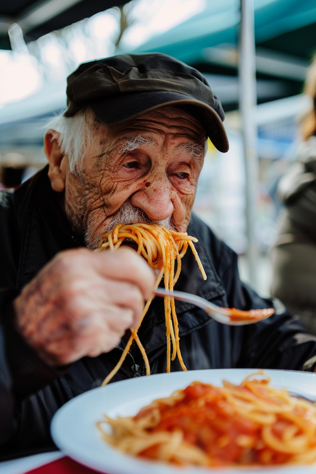 Greedy hungry old man eating spaghetti in rush at the contest detailed photo fans around