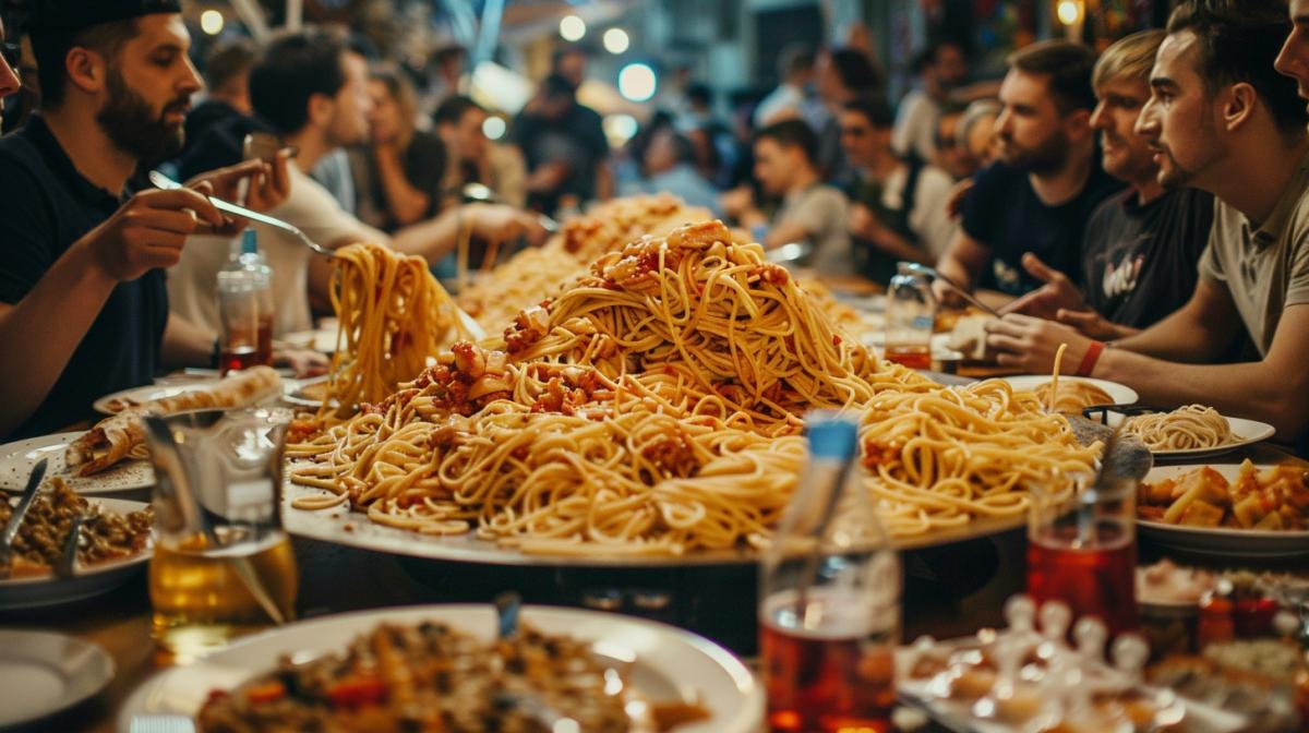 festival many people sit around a huge plate and eat spaghetti, spaghetti eating competition photo