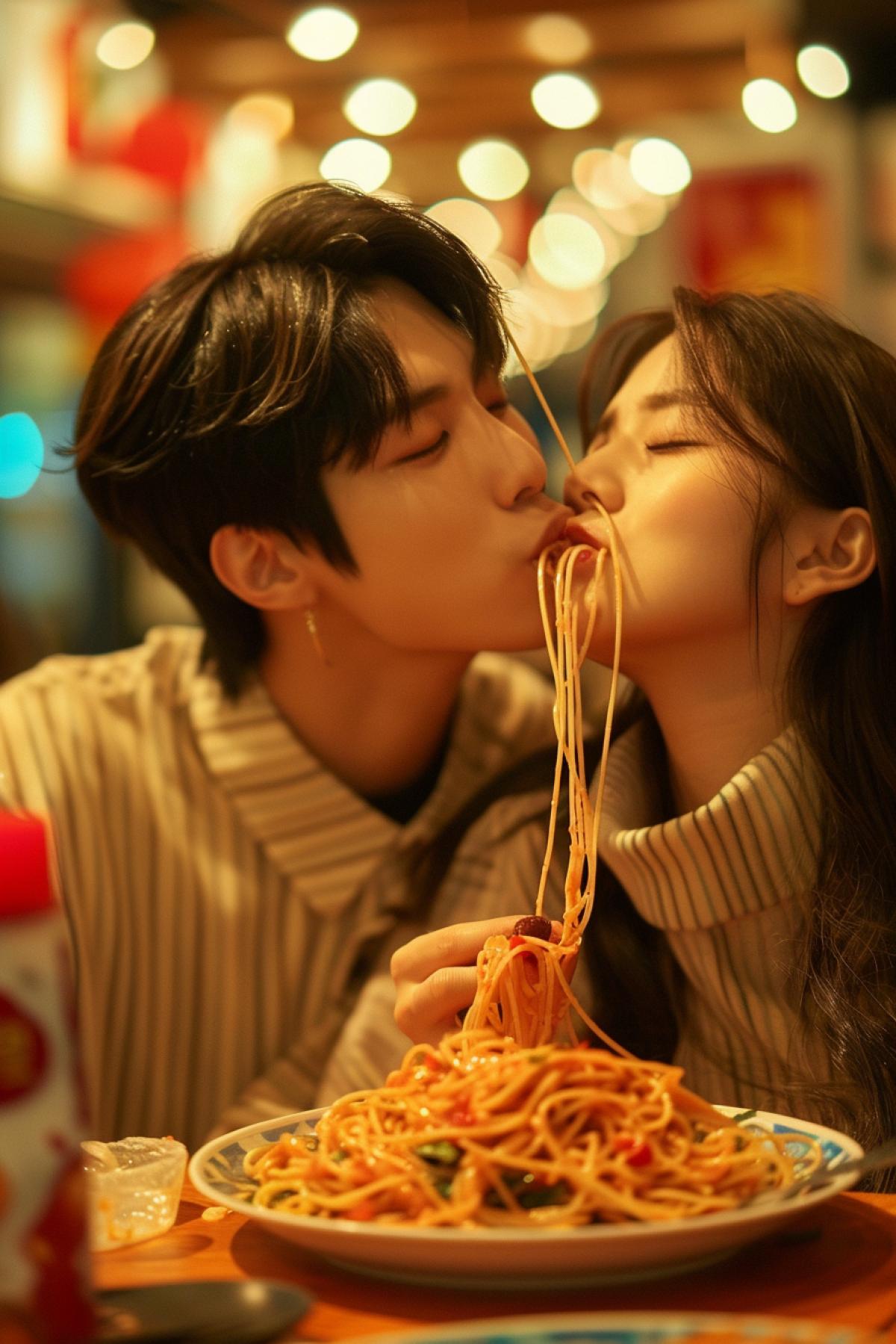 Give Greedy hungry playful kiss eating spaghetti in rush at the contest detailed photo fans around