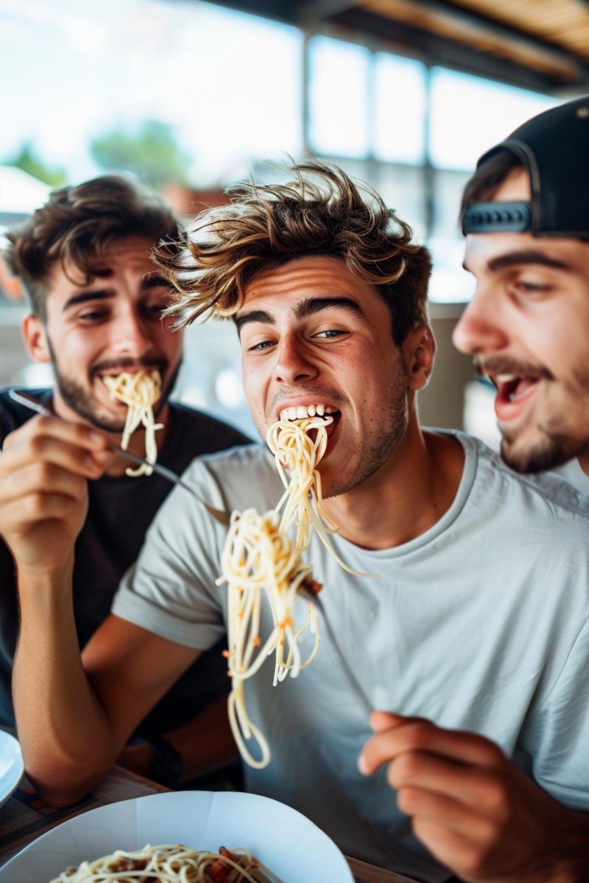 three cheerful guys eating spaghetti at speed