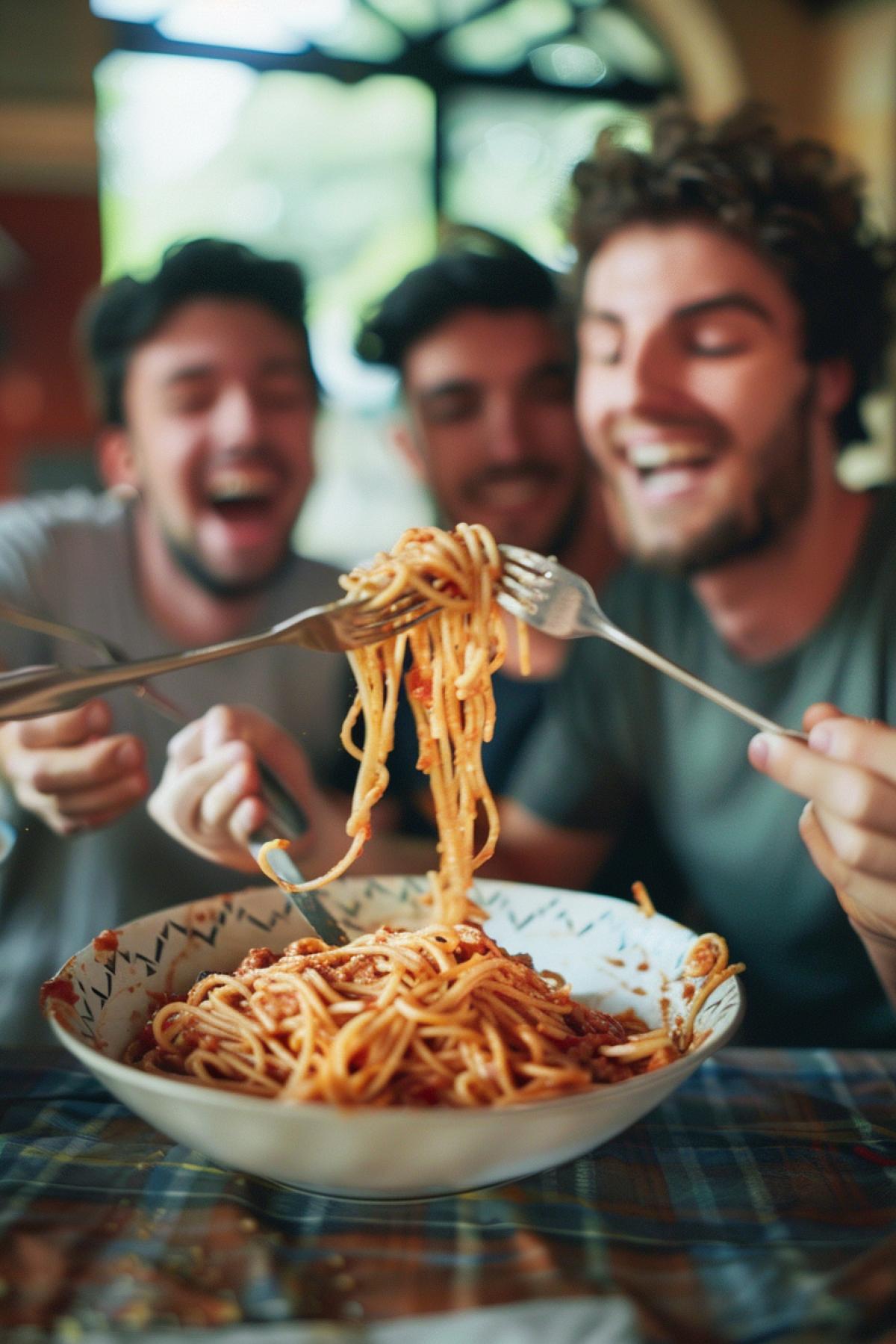 three cheerful guys eating spaghetti at speed