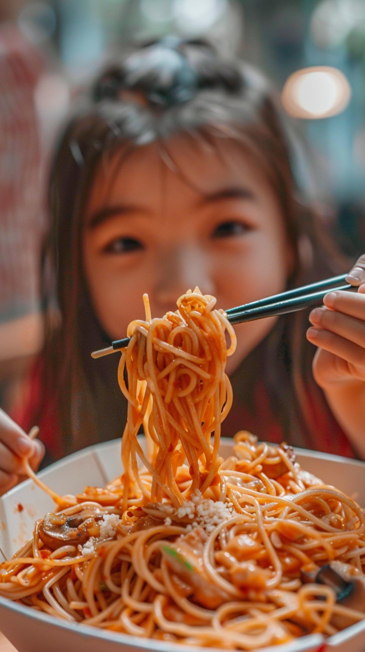the girl looks at the camera happily eats a lot of spaghetti with chopsticks,a white takeaway pasta box of 750 ml, spaghetti in white carbonara sauce, neatly laid out and sprinkled with pieces of ham that look good, mushrooms that look good, parmesan powder, sprinkled with white salsa. and there are many pieces of chicken marinated and cooked in golden curry in squares, these pieces of chicken are smooth and arranged over the entire surface. The components are remarkably 4ked, forming an ordered ISO 100 surface, narrow aperture f/16, moderate shutter speed 1/125. Photographing food in natural light
