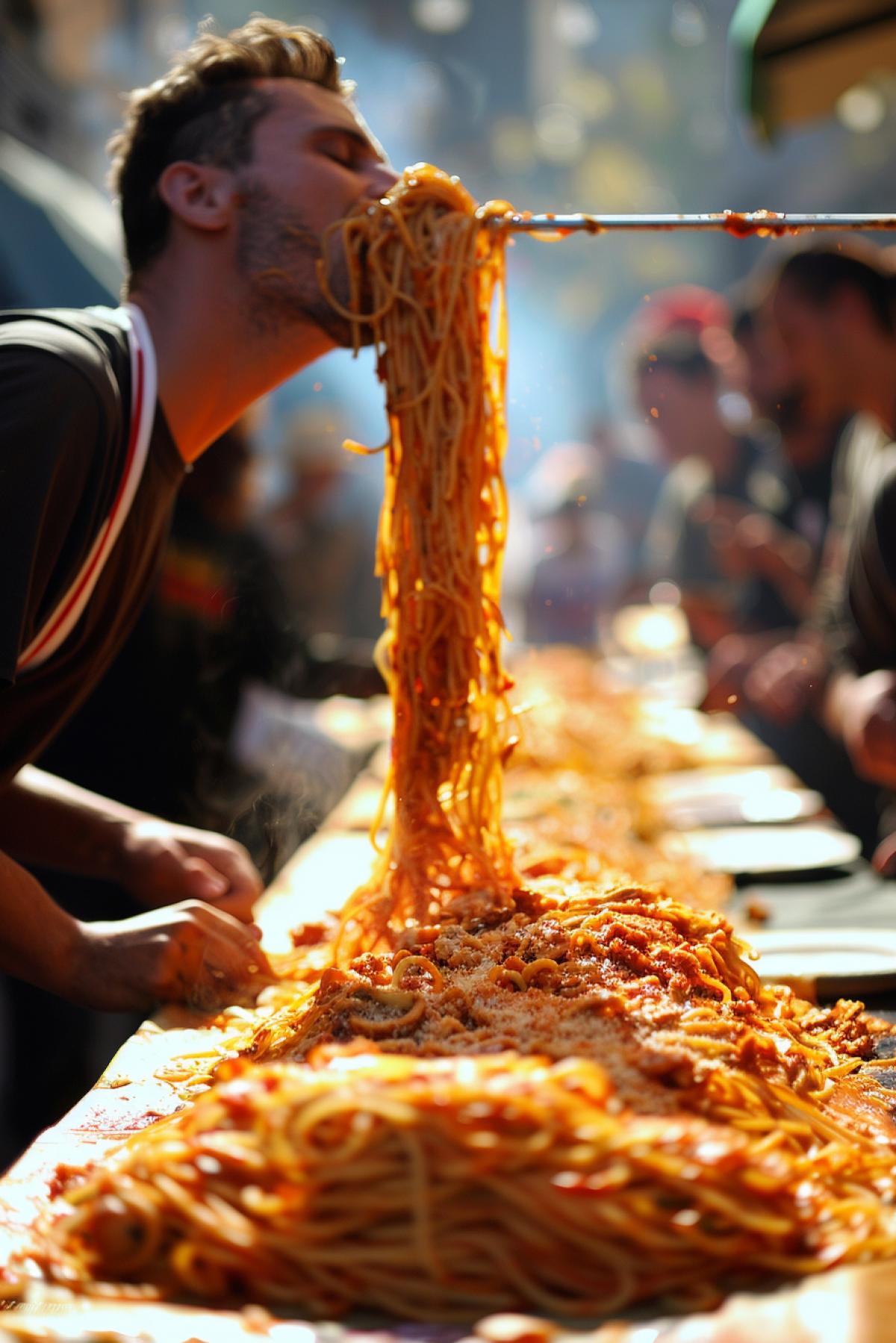 The longest spaghetti in the world at the spaghetti eating contest detailed shocking photo