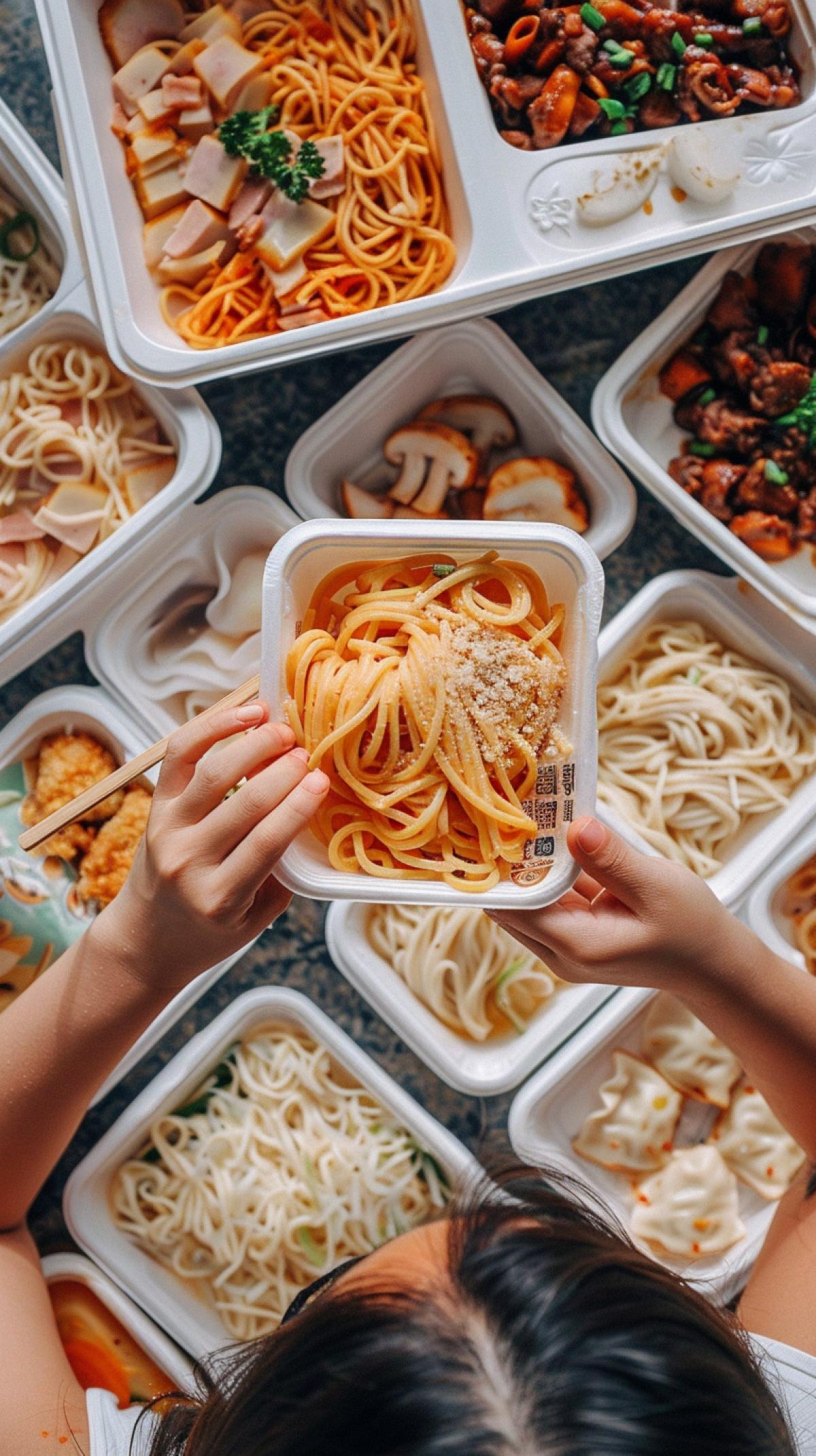 the girl is happy eating spaghetti with chopsticks, a white takeaway pasta box of 750 ml, spaghetti in white carbonara sauce, neatly laid out and sprinkled with pieces of ham that look good, mushrooms that look good, parmesan powder, sprinkled with white salsa. and there are many pieces of chicken marinated and cooked in golden curry in squares, these pieces of chicken are smooth and arranged over the entire surface. The components are remarkably 4ked, forming an ordered ISO 100 surface, narrow aperture f/16, moderate shutter speed 1/125. Photographing food in natural light