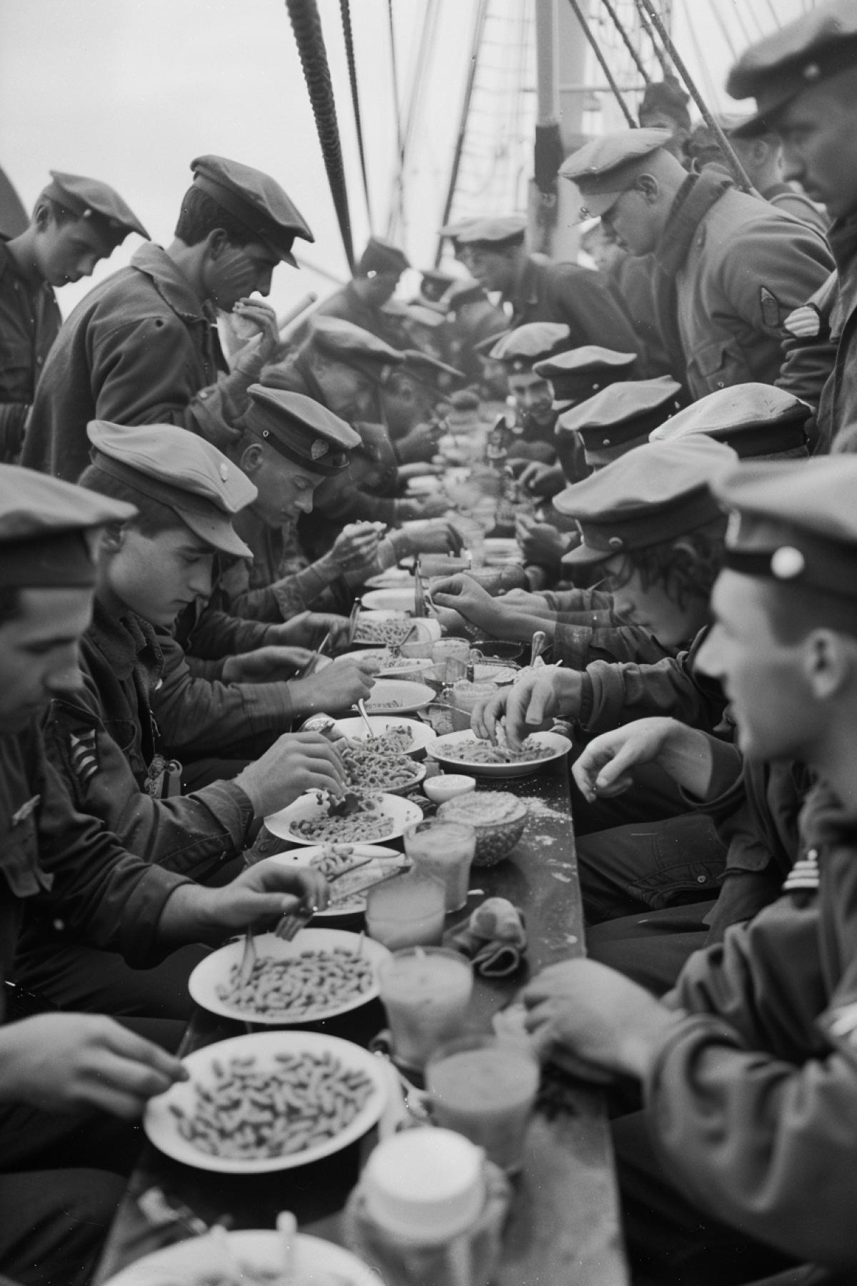 Military body canteen Hundred sailors eating macaroni Bolognese enormous big portions storming sea around detailed photo