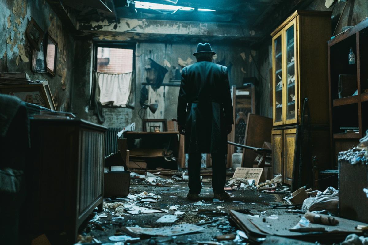 A detective stands in an untidy apartment, there is trash everywhere, noir, investigation