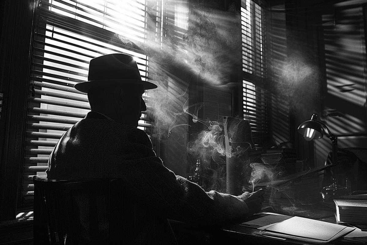 In a noir-style office, the detective sits, bathed in the moody shadows cast by the slatted blinds. The air is heavy with mystery and the faint aroma of cigarette smoke, adding to the atmosphere of intrigue.