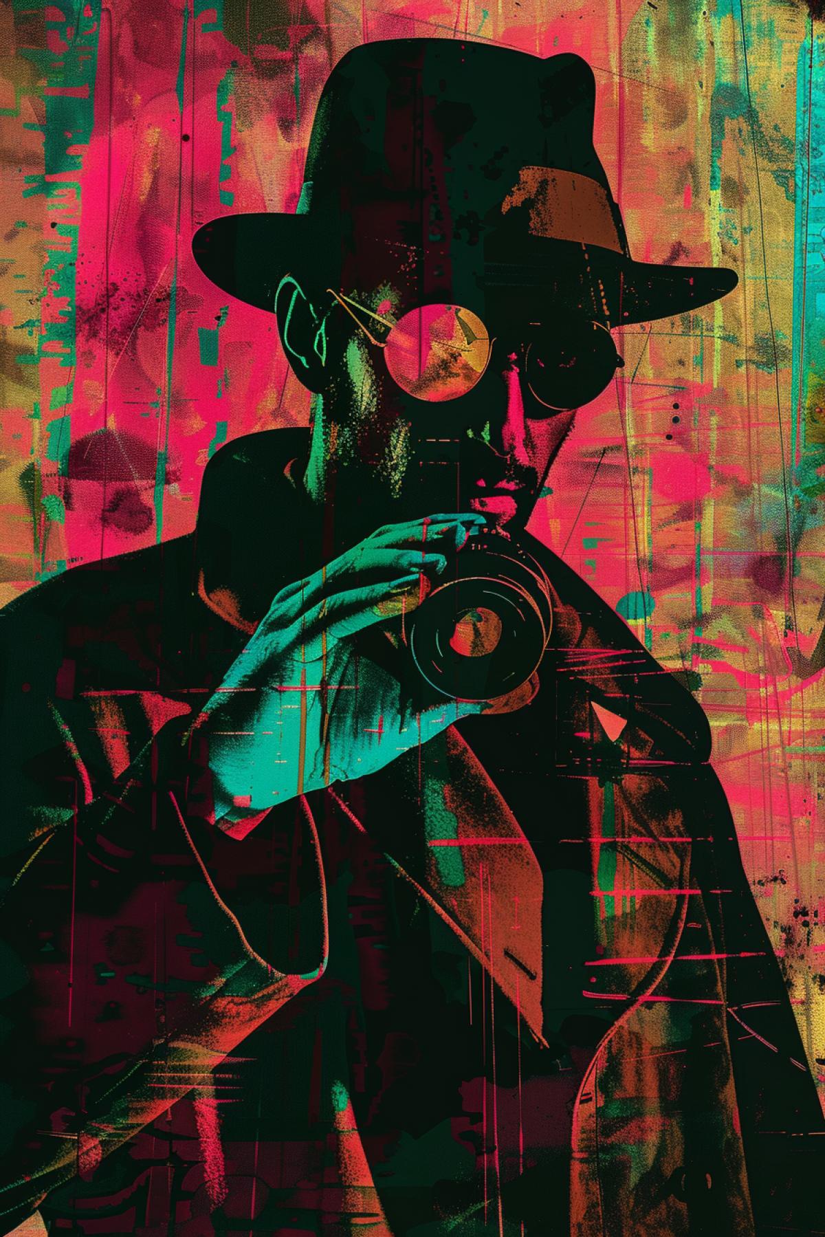 man detective conducting an investigation, caricature, Glitch art, Comic book, Surrealism,