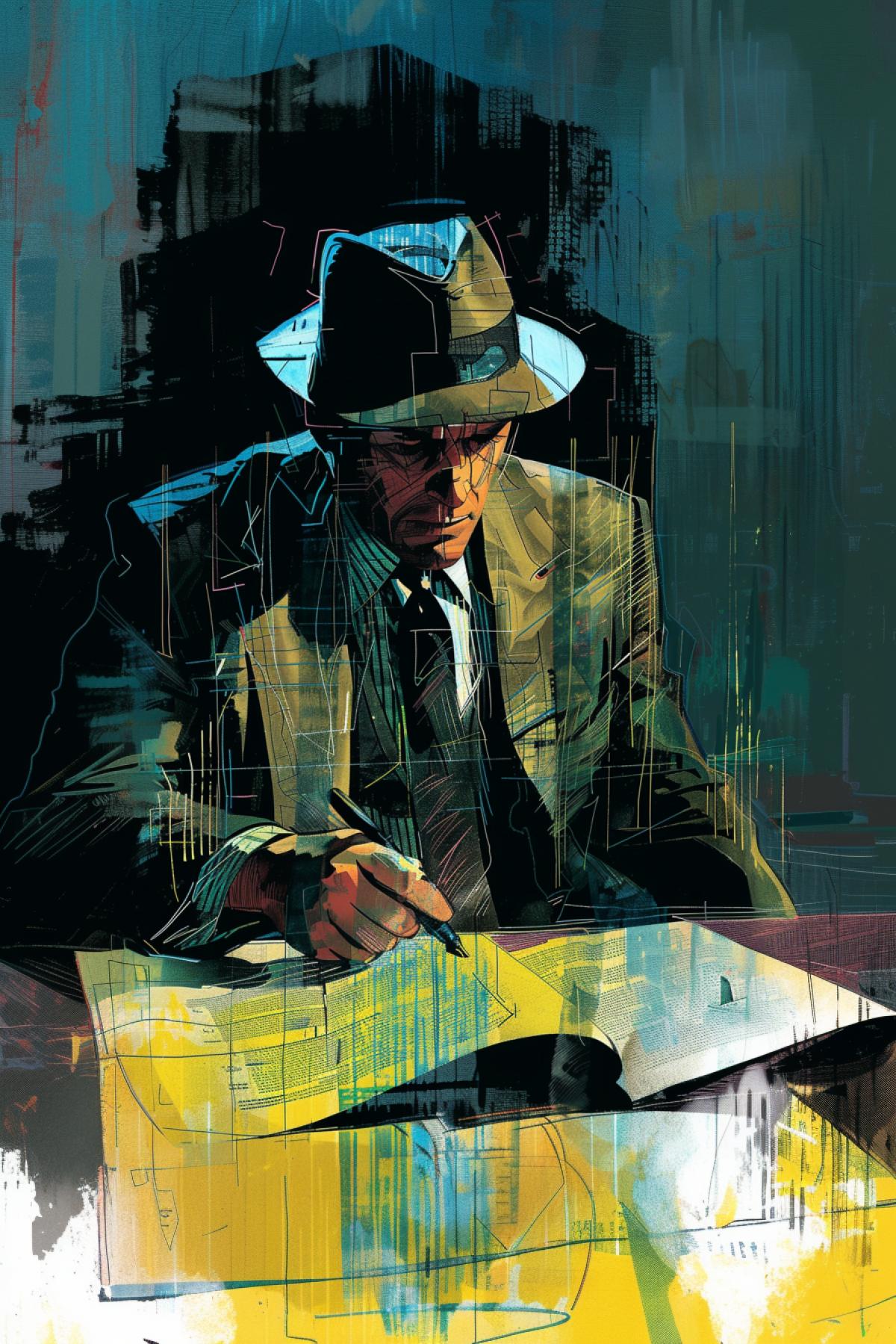 man detective conducting an investigation, caricature, Glitch art, Comic book, Surrealism,