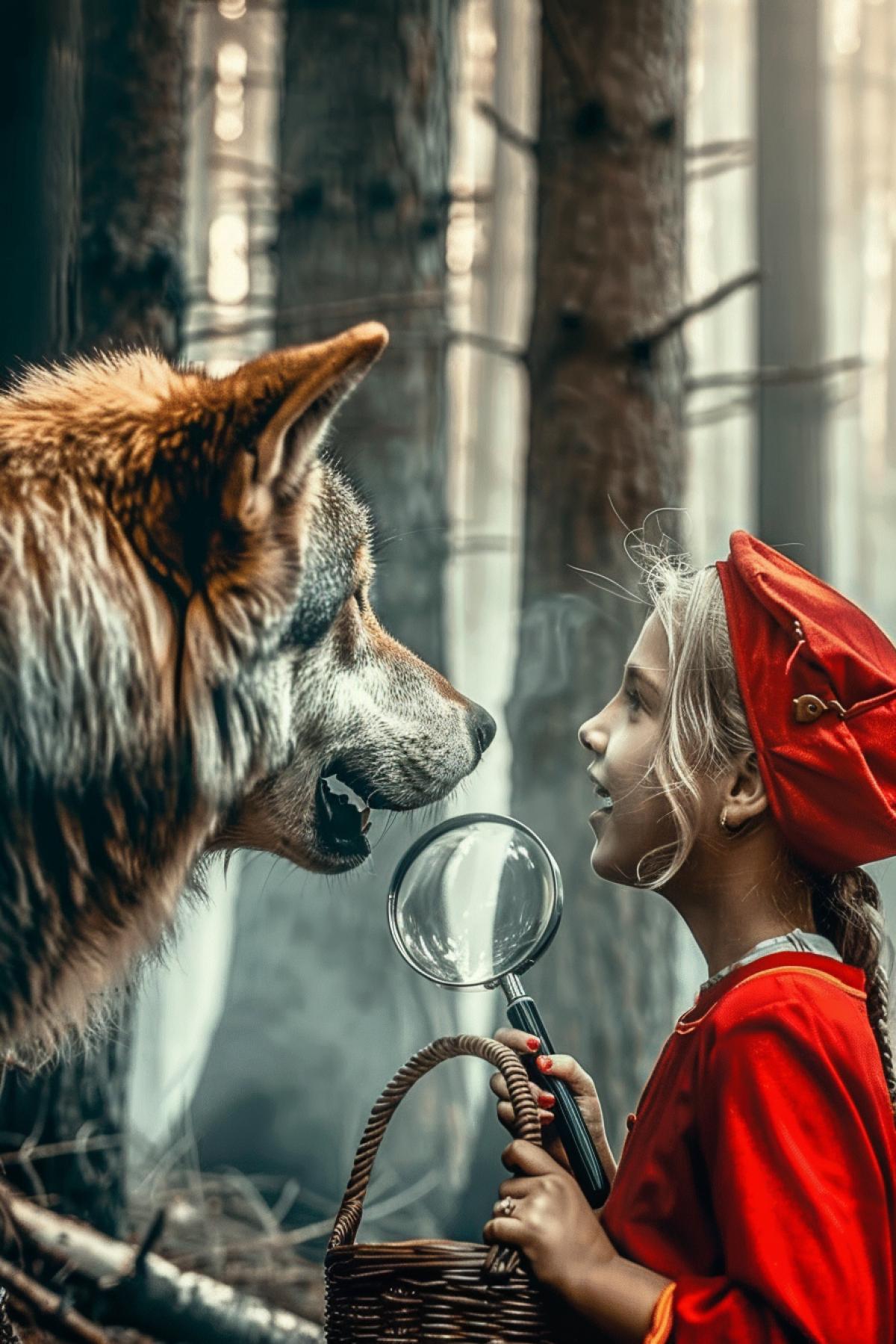 A wolf cop, dressed as a policeman, is watching a girl in a red cap in the forest. The girl has a basket in her hands. The wolf has a magnifying glass in his hands, he is watching the girl, the wolf is a detective, the wolf is a policeman. The forest is dark and fabulous. Maximum image quality. Maximum detail.