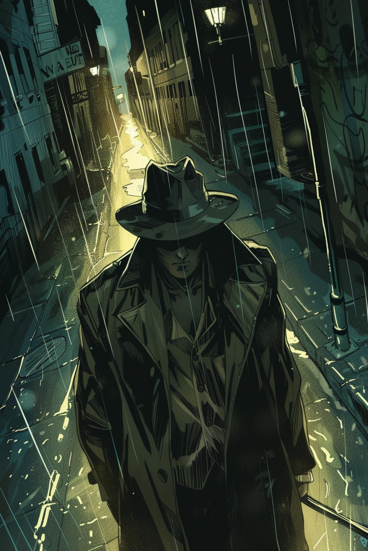 In the dark alley of a rainy city, the main character stands tall, his trench coat and fedora reminiscent of a classic detective. With a determined gaze, he looks straight into the camera, ready to face whatever dangers may come his way. The overhead shot reveals the wet pavement beneath his feet, and the dim streetlights cast shadows on his face. Despite the harsh weather, he stands strong and determined, ready to uncover the secrets of the city. The scene is drawn in the style of a comic book, adding to the mysterious and suspenseful atmosphere. As the rain continues to pour, the detective takes a step forward, ready to face whatever challenges may come his way, cel shaded, dark, comic style