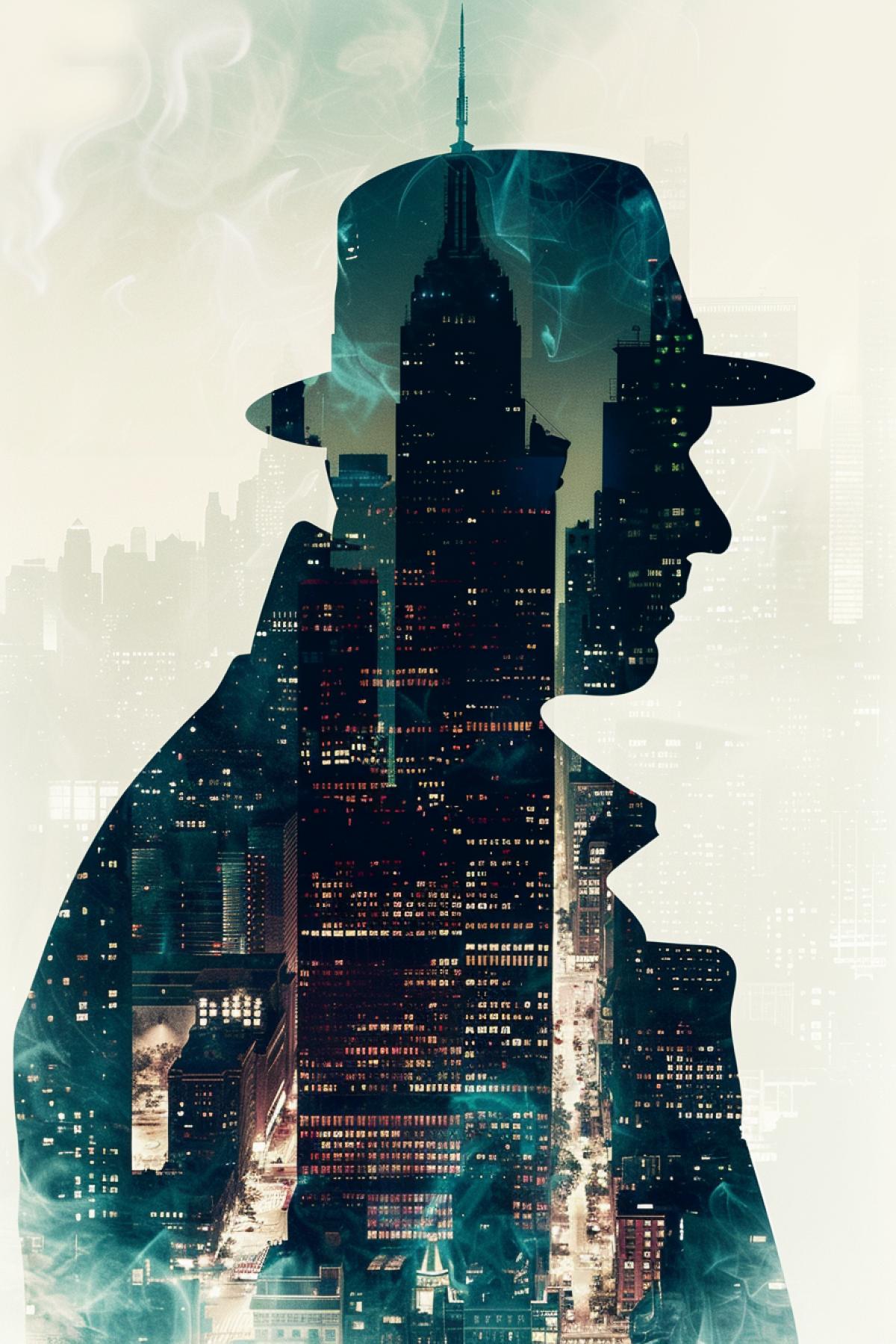 comics book style, silhouet of a detective, double exposure city skyline of new york 1900, epic com4k