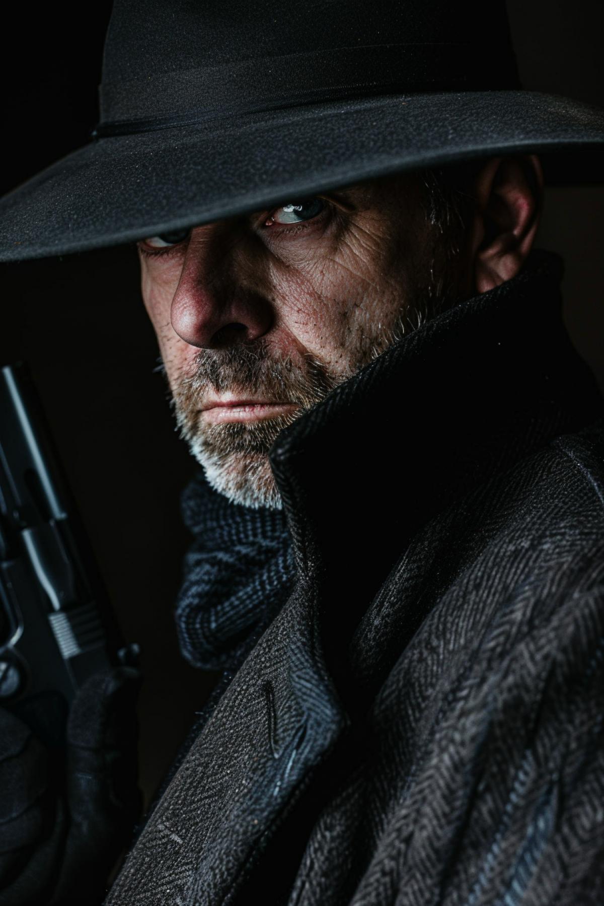 Smart handsome 40-year-old professional detective half-profile portrait with pistol in hand raised up hat with brim hiding sight of beautiful smart eyes collar of the overcoat raised sharp focus twilight in the city professional book illustration