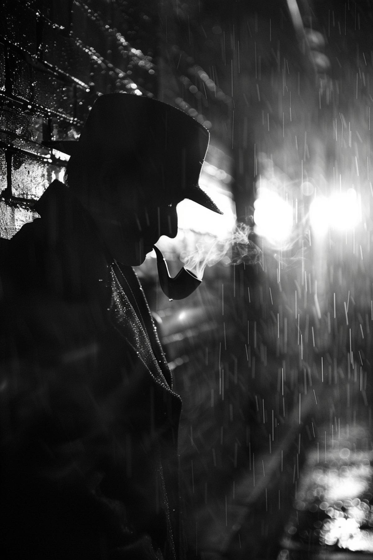 Close up detective smoking a pipe, noir, rain, alley