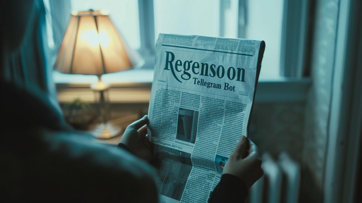 hands holding newspaper with heading \"Regenson Telegram Bot\" text