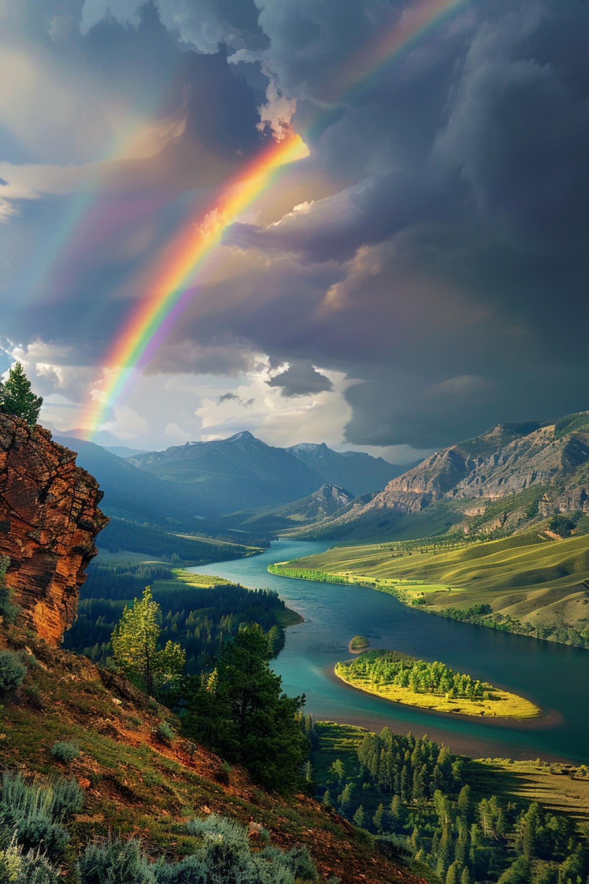 A rainbow arching over the mountains for an epic photo, as seen in the style of national geographic magazine. The background is green pines and water. A river winds through the valley below. There is a dramatic sky with dark clouds above. High resolution photography.