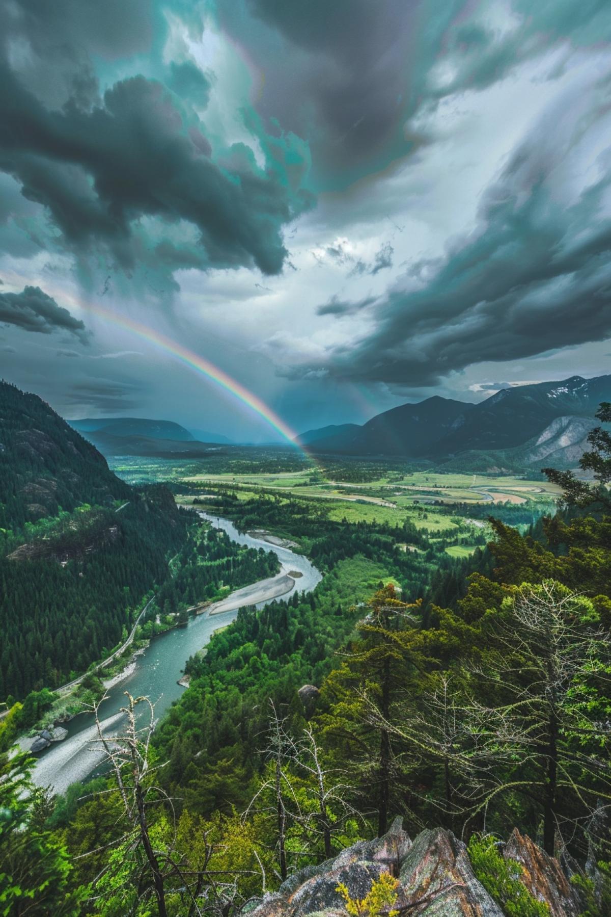 A rainbow arching over the mountains for an epic photo, as seen in the style of national geographic magazine. The background is green pines and water. A river winds through the valley below. There is a dramatic sky with dark clouds above. High resolution photography.