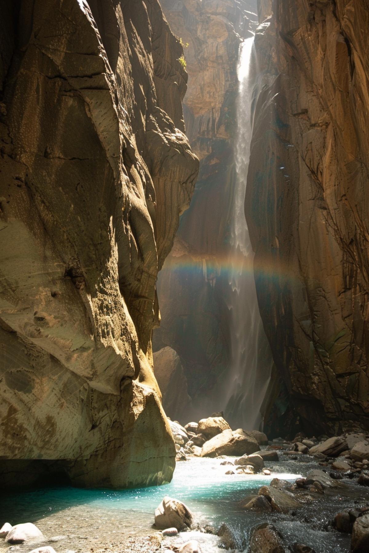 Picturesque waterfall, rainbow on the background of the waterfall, sunny day, professional photography