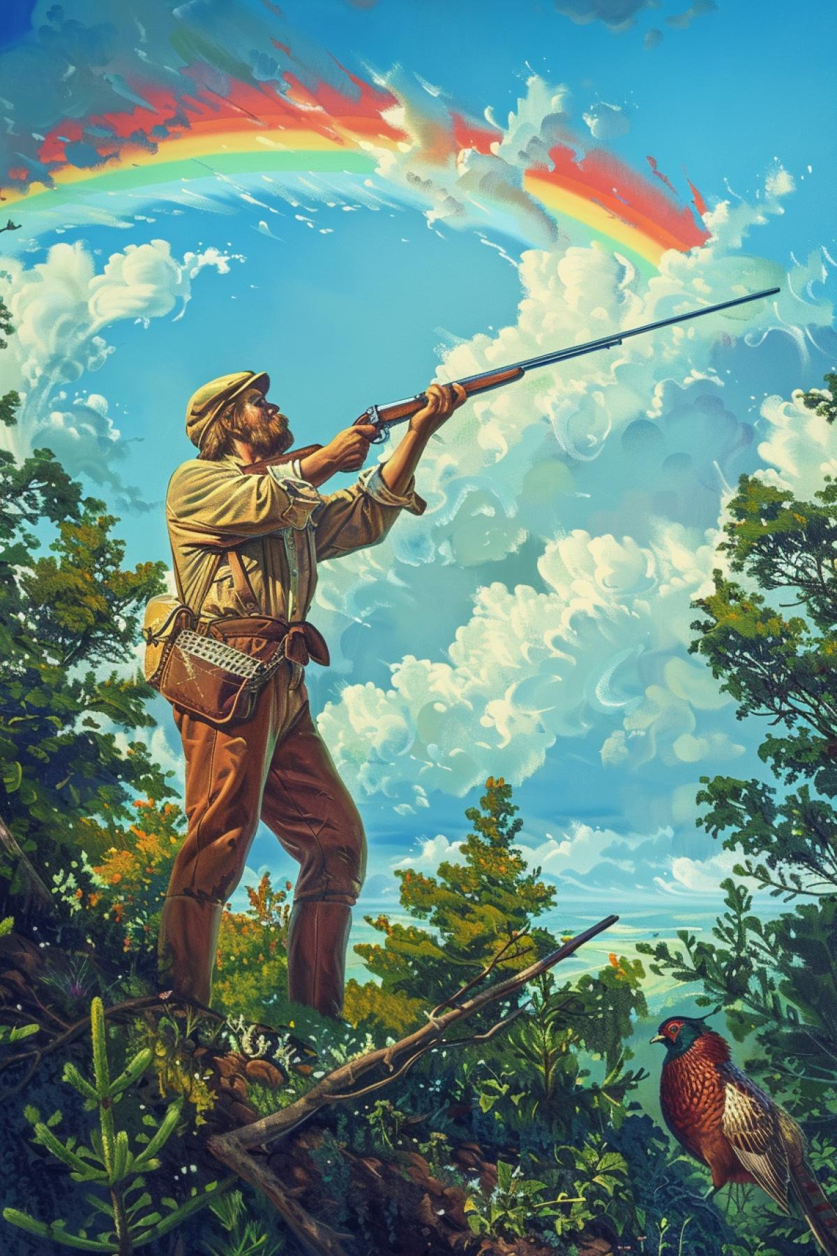 Hunter character with hunters rifle searching for smart pheasant hiding in bushes seven-colour beautiful wide rainbow in sky summer forest detailed funny illustration Libico Maraja style oil canvas