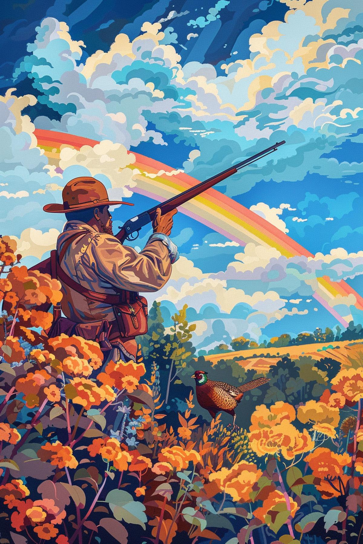 Hunter character with hunters rifle searching for smart pheasant hiding in bushes seven-colour beautiful wide rainbow in sky summer forest detailed funny illustration Libico Maraja style oil canvas