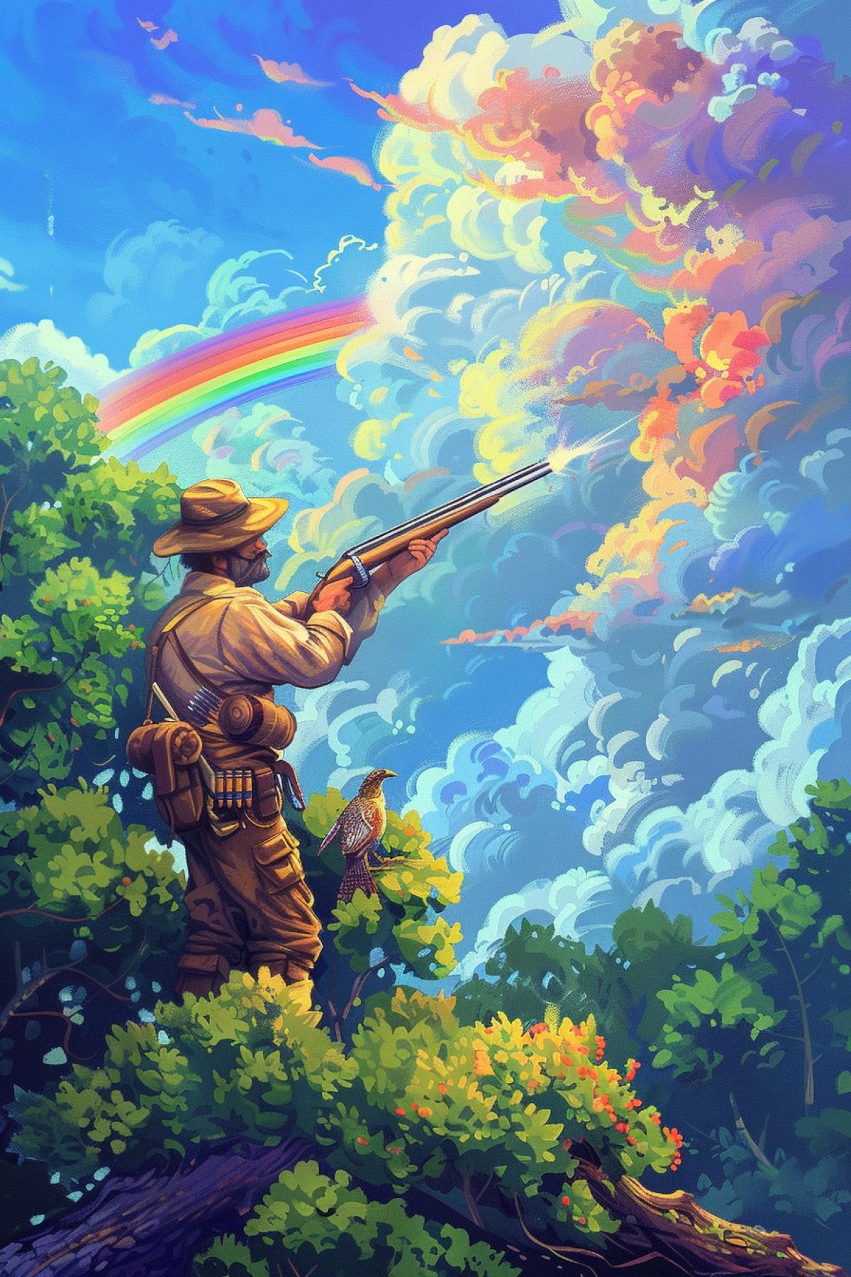 Hunter character with hunters rifle searching for smart pheasant hiding in bushes seven-colour beautiful wide rainbow in sky summer forest detailed funny illustration Libico Maraja style oil canvas
