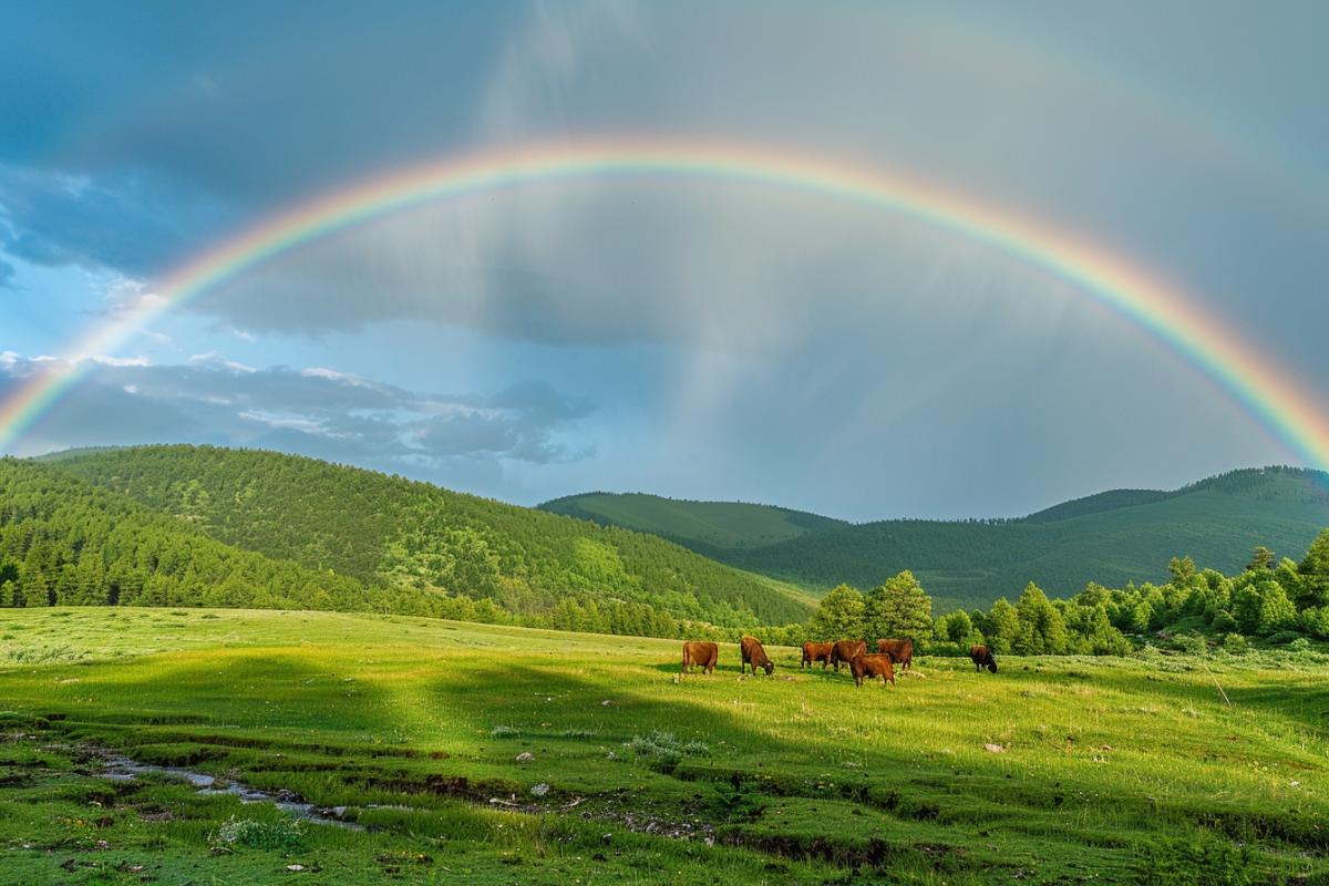 Beautiful double rainbow over a field and forest where a large herd of cows is grazing