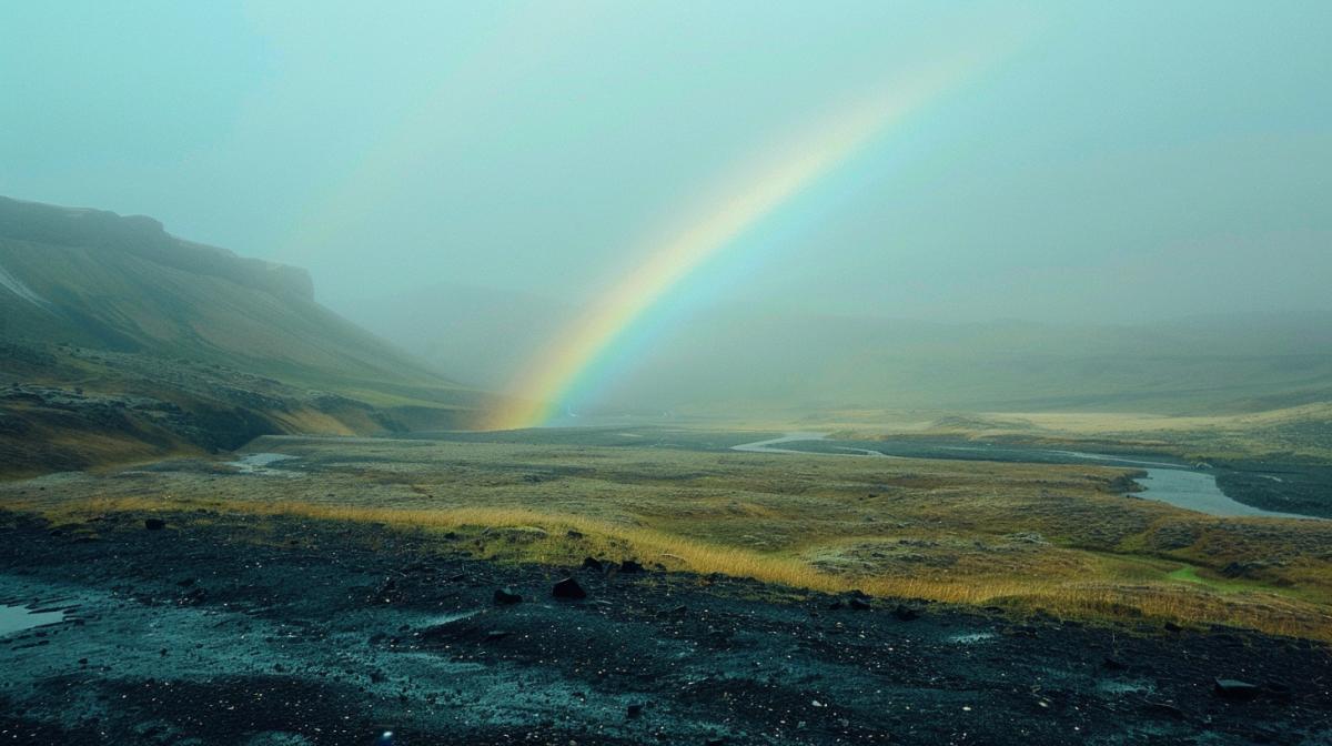 Melancholic landscape of Iceland, low hills, a river visible in the distance, inverted rainbow, reverse rainbow, photo, death stranding