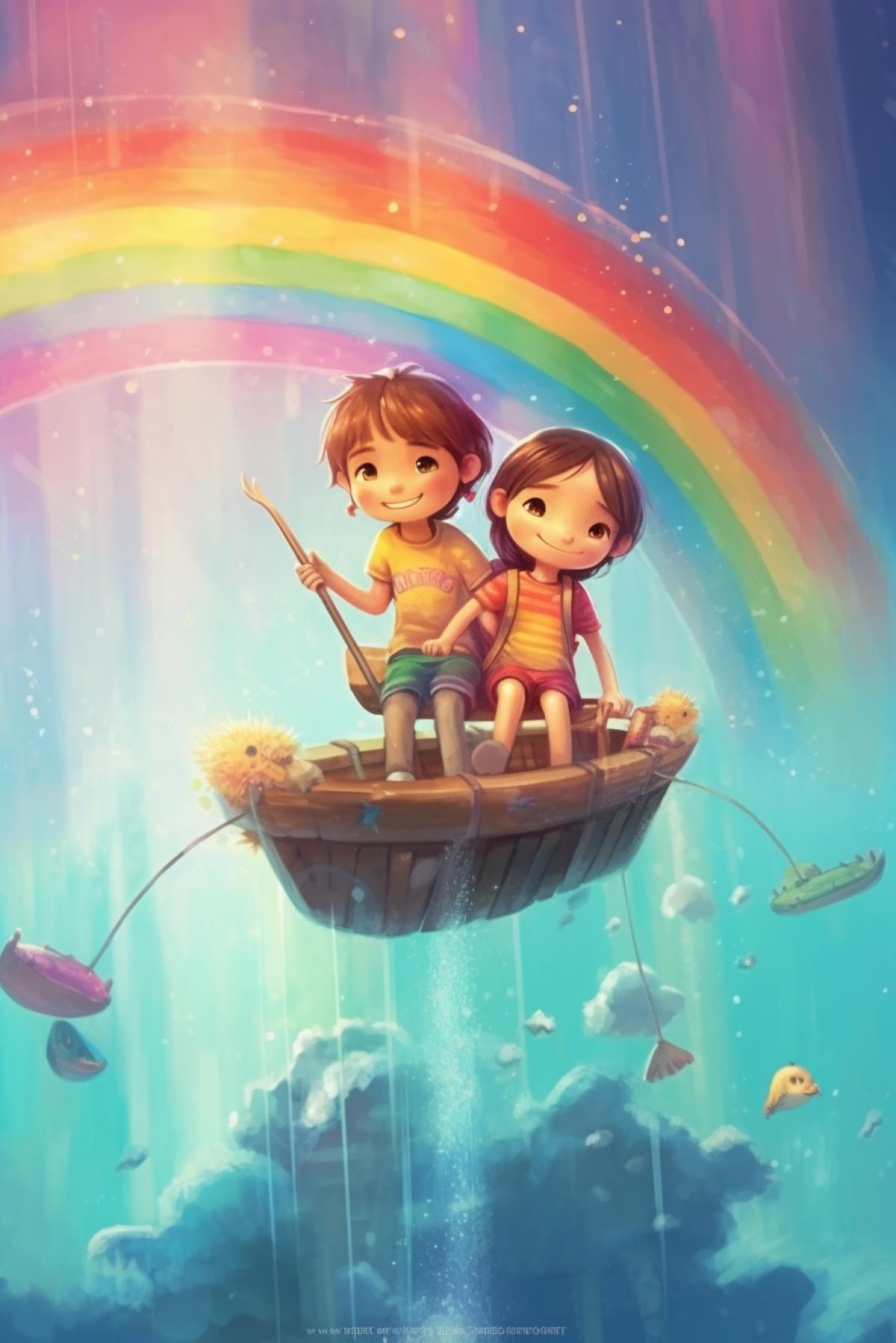 Children ride on a big rainbow