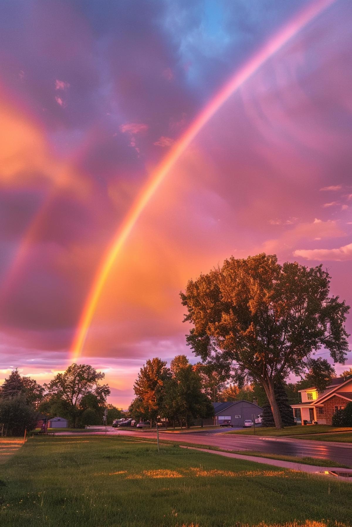 Evening rainbow in a small town