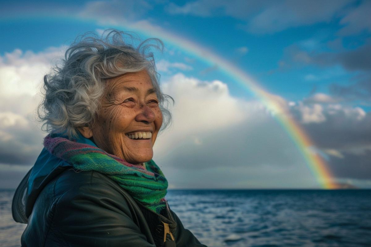 senior woman laughing at a rainbow over the ocean by farida qadishii, in the style of digitally enhanced, hasselblad hc 14mm f/22, wide-angle lens
