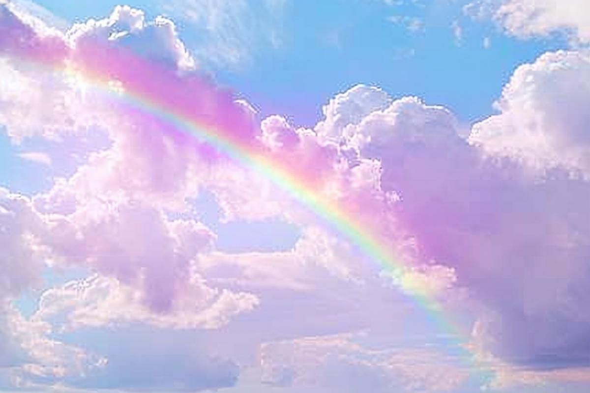 a pastel pink sky with clouds and a rainbow, with white clouds, in the style of light violet and light amber, realistic depiction of light, fairycore, 32k uhd, transparent/ medium, fairy kei, textured backgrounds