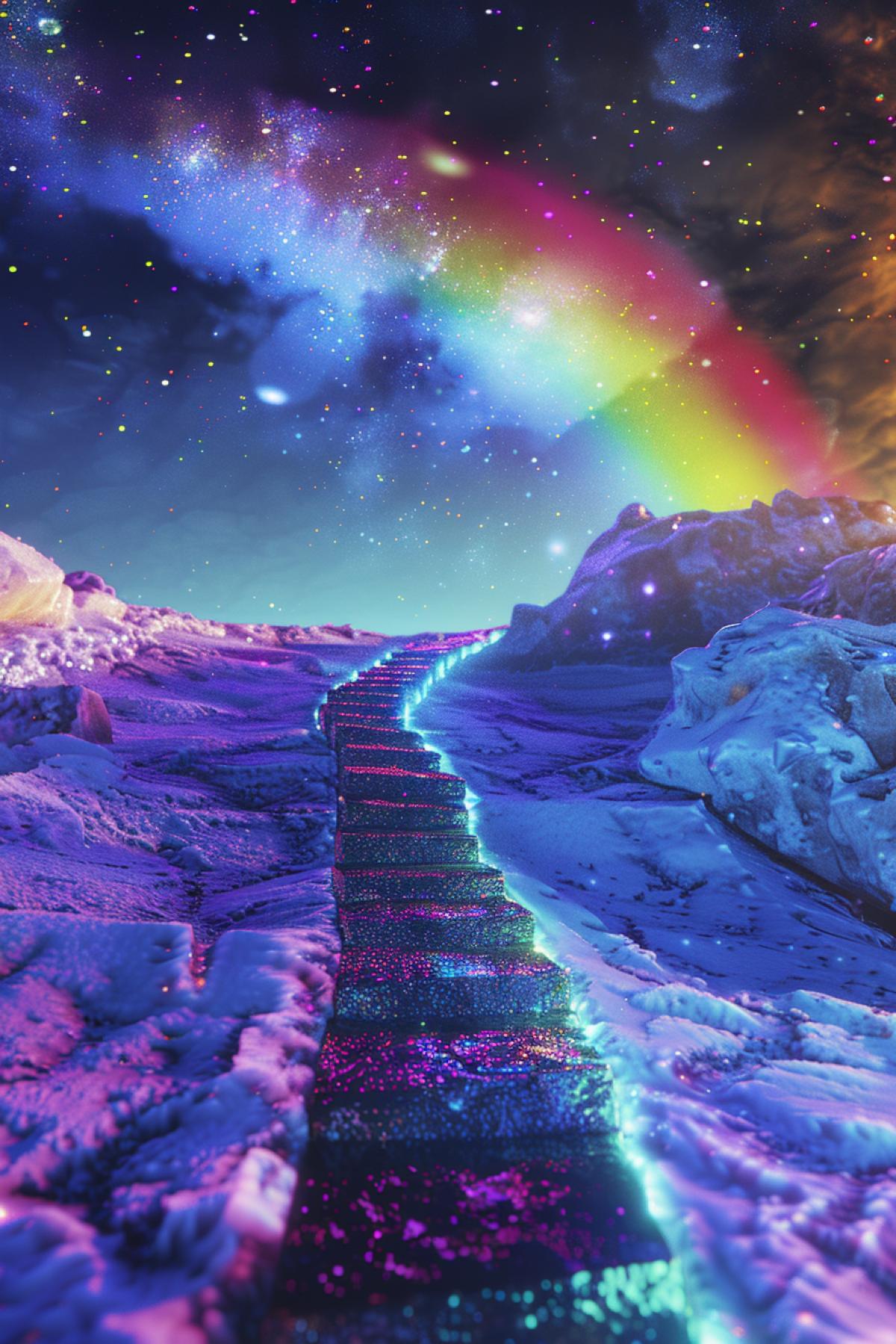 this is a surreal and complex cg rendering, transparent pale yellow rainbow ladder leading to heaven, pale yellow light shining on the snow, transparent rainbow bridge and transparent cracks light, round purple light, cq3d effect body light starry sky, ultra wide angle blue reflection, blue starry sky, complex details that affect super shocking reality 8k, real life marker adamus landscape photography stereo light, symmetry, depth of field