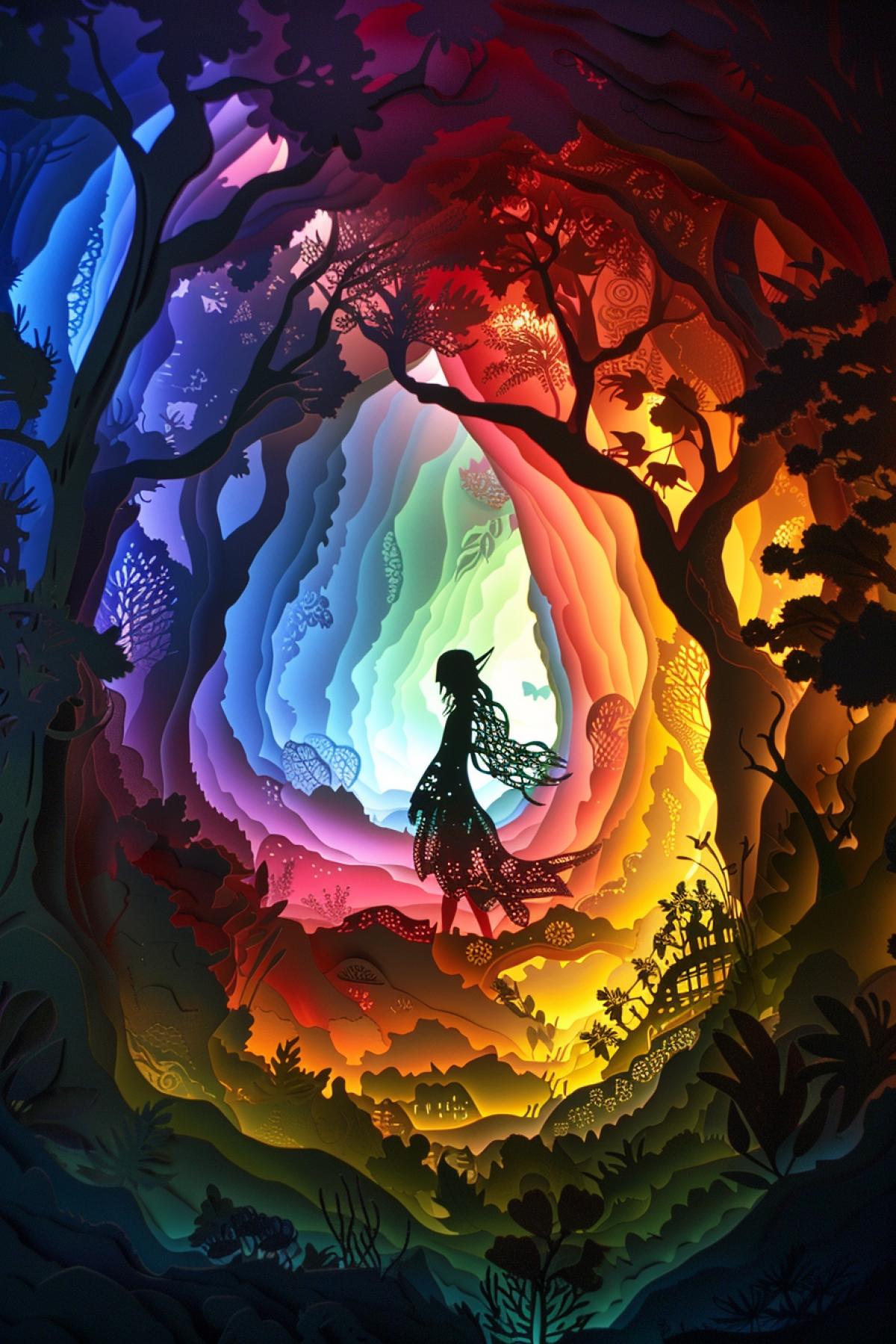 Dark 🦄 silhouette lurking on the rainbow riding hood, multilayer of papercut