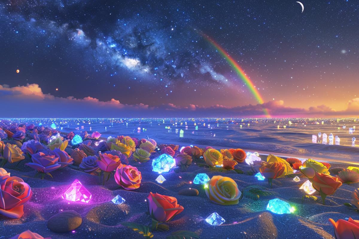Under the starry sky, a fantastic rainbow covers the beach, with many colorful roses and glowing crystal pebbles on the beach. Starlight, meteor, silver crescent moon and Milky Way starlight scattered on the beach, luminous creatures, fluorescent, golden, colorful, dreamy, super wide-angle light, unreal engine, 4K HD