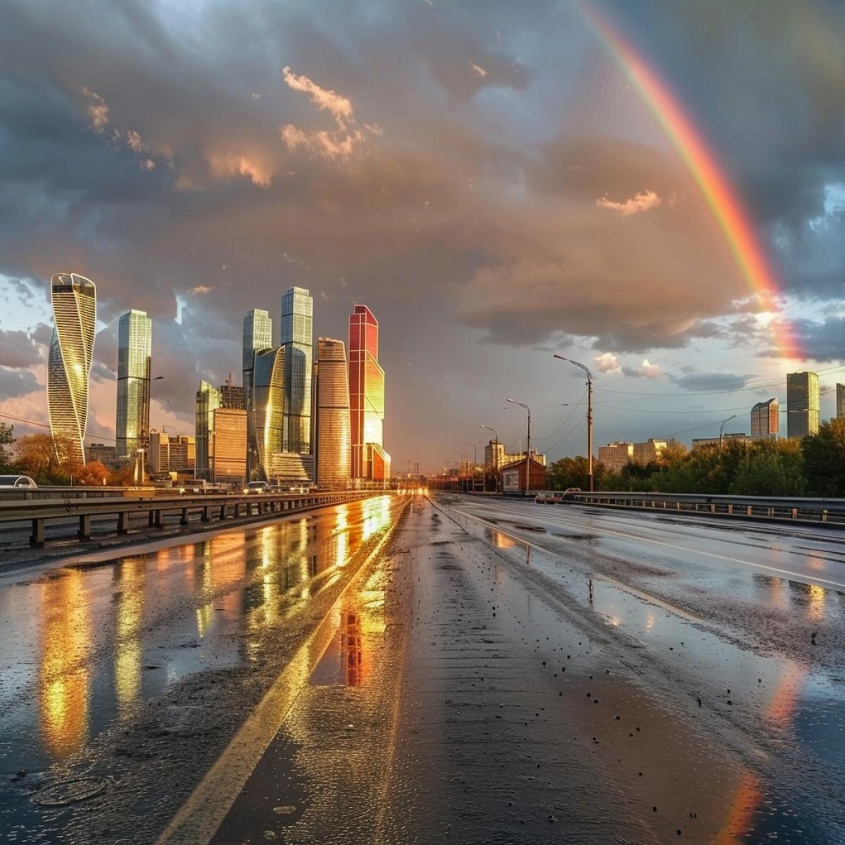 A rainbow over the Moscow-City skyline, wet asphalt, there is a dramatic sky with dark clouds above, photography