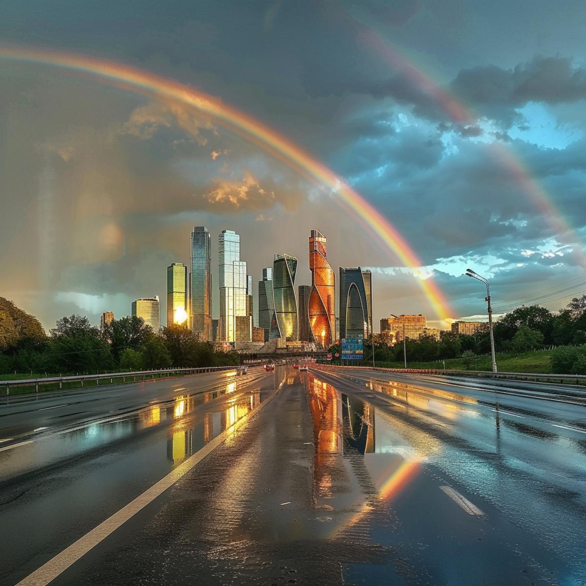 A rainbow over the Moscow-City skyline, wet asphalt, there is a dramatic sky with dark clouds above, photography