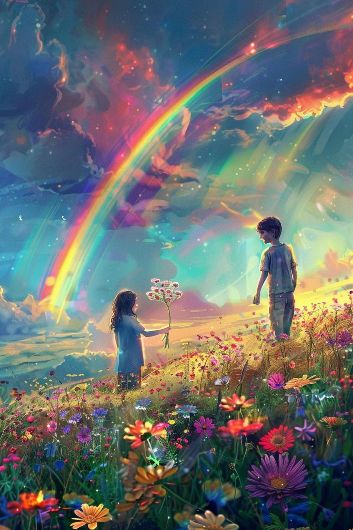 a boy and a girl in a field with flowers draw a big beautiful rainbow in the sky, neon