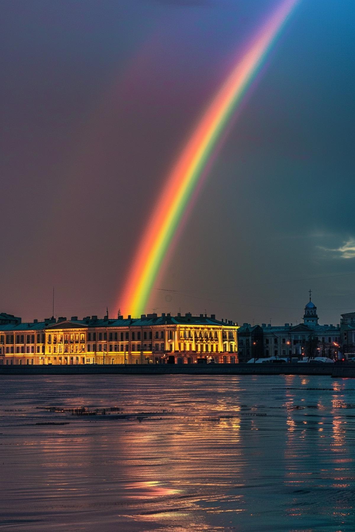 An incredibly bright rainbow in the night sky over St. Petersburg.