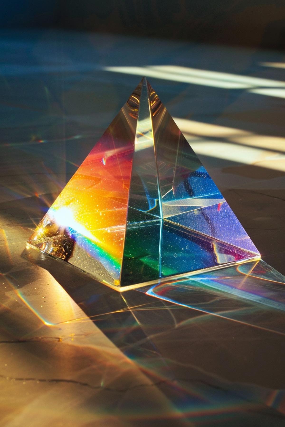 A light beam splits into a spectrum as it passes through a glass pyramid.